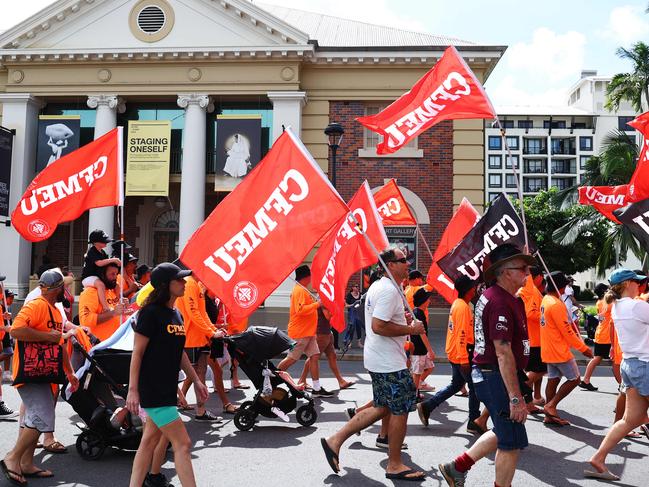 CFMEU union members and their children march in the annual Labour Day march along the Cairns Esplanade and through the Cairns CBD. Picture: Brendan Radke