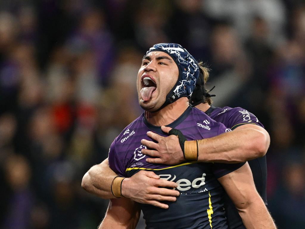 Jahrome Hughes is a favourite to win the Dally M and it’s not hard to see why, after scoring a hat-trick against the Roosters. Picture: Getty Images