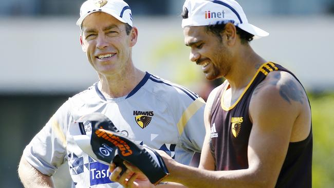 Alastair Clarkson and Rioli at Hawthorn training in 2015. Picture: Colleen Petch