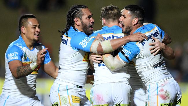 Titans players celebrate AJ Brimson’s try against Manly. Picture: AAP Image