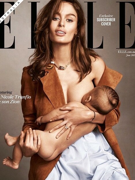 Nicole Trunfio on the cover of Elle breastfeeding her son Zion Rain Clark.