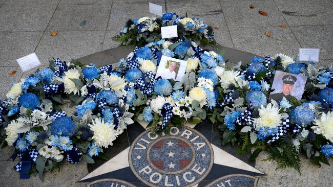 Wreaths laid at the Victoria Police Memorial on St Kilda Road last week to mark one year since the Eastern Freeway tragedy. Picture: NCA NewsWire/Andrew Henshaw