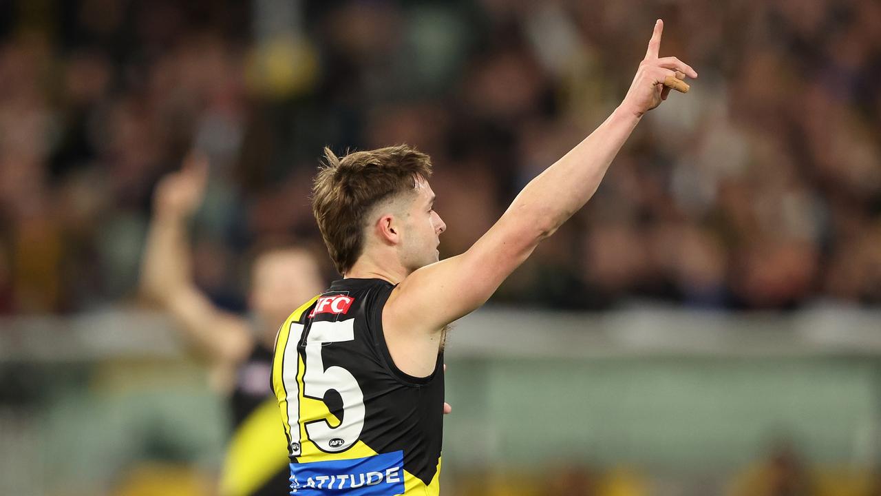 Jayden Short after kicking one of his two goals. Picture: Getty Images