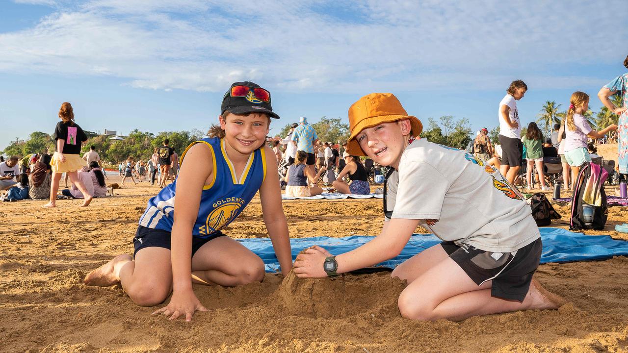 Kolby Field and Lachie Lindley building sandcastles. Picture: Pema Tamang Pakhrin