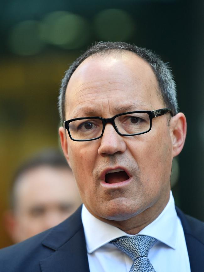 South Australian Minister for Police and Emergency Services Corey Wingard speaks to the media in Adelaide, Tuesday, July 30, 2019. The emergency services are giving blood to the Red Cross. (AAP Image/David Mariuz) NO ARCHIVING