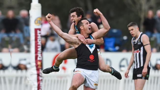 Lavington Panthers’ Luke Garland and Shaun Mannagh celebrate in the Ovens and Murray League Grand Final 2019. Picture: Mark Jesser/The Border Mail