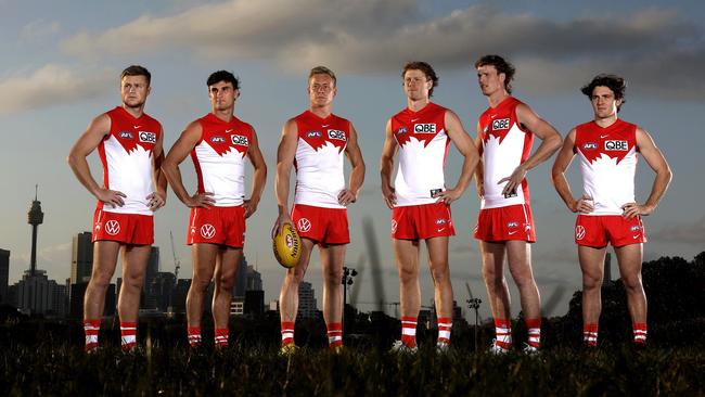 Sydney’s homegrown stars Braeden Campbell, Sam Wicks, Isaac Heeney, Callum Mills, Nick Blakey and Errol Gulden will lead the charge against Carlton on Friday. Picture: Phil Hillyard