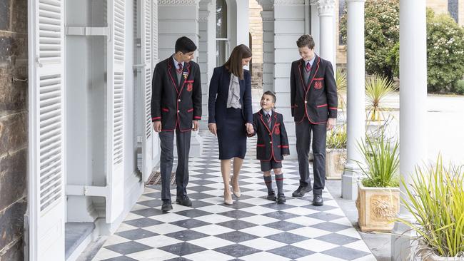 The waitlist at Rostrevor College can be between two and three years with some entry points in high demand. Principal Shana Bennett is pictured with students Vivaan Sareen (year 9), Jack Donnelly (year 1) &amp; Alex Clark (year 11). Picture supplied