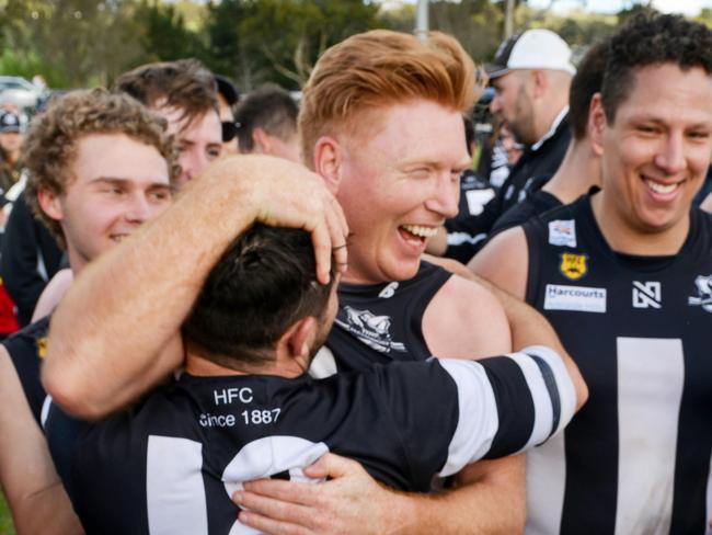 Hahndorf and Onkaparinga Valley playing in the Hills Football League division one grand final at Echunga, Saturday, September 21, 2019. Hahndorf players celebrate their win. (Pic: AAP/Brenton Edwards)