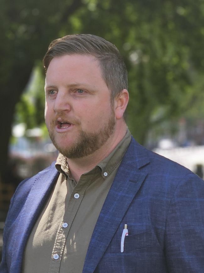 Labor MLC Luke Edmunds speaks to the media on Parliament Lawns in Hobart on Thursday, October 17, 2024.