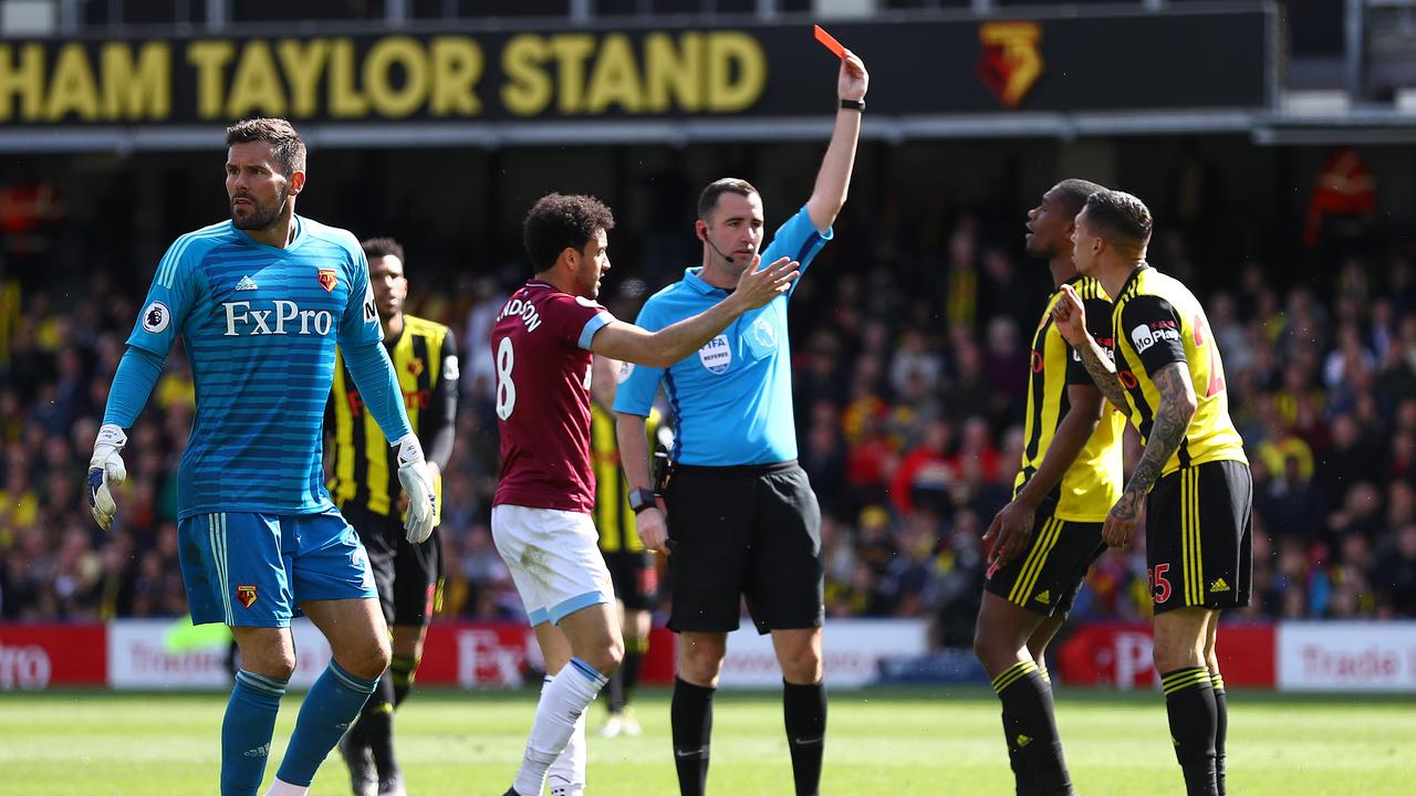 Jose Holebas is controversially sent off in Watford’s final-day loss to West Ham.