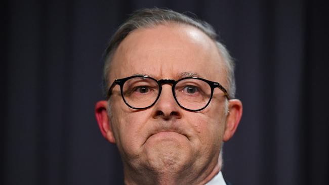 ONE TIME USE. FEES APPLY.Australian Prime Minister Anthony Albanese delivers a statement on the outcome of the Voice Referendum at Parliament House in Canberra, Saturday, October 14, 2023. Australians today voted on whether to enshrine an Indigenous voice in the country's constitution. (AAP Image/Lukas Coch) NO ARCHIVING