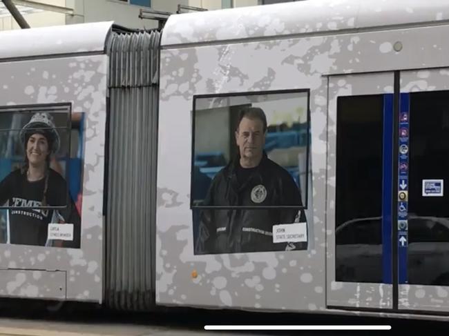 CFMEU state secretary John Setka appears on the side of a tram as part of a union advertising campaign. Picture: Supplied