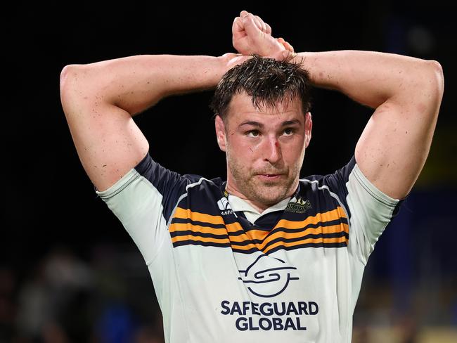 PERTH, AUSTRALIA - MAY 10: Nick Frost of the Brumbies looks on after winning the round 13 Super Rugby Pacific match between the Western Force and ACT Brumbies at HBF Park, on May 10, 2025, in Perth, Australia. (Photo by Paul Kane/Getty Images)