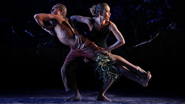 Dancers Rika Hamaguchi and Baden Hitchcock in Bangarra Dance Theatre’s SandSong at the Sydney Opera House. Picture: Mark Metcalfe / Getty Images