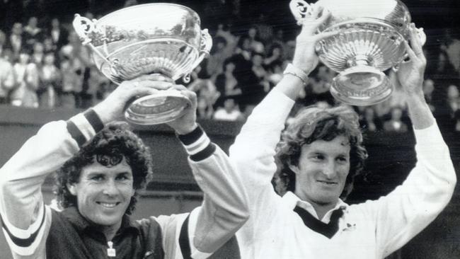 Paul McNamee, left, with his doubles partner Peter McNamara after winning the 1980 Wimbledon doubles title.