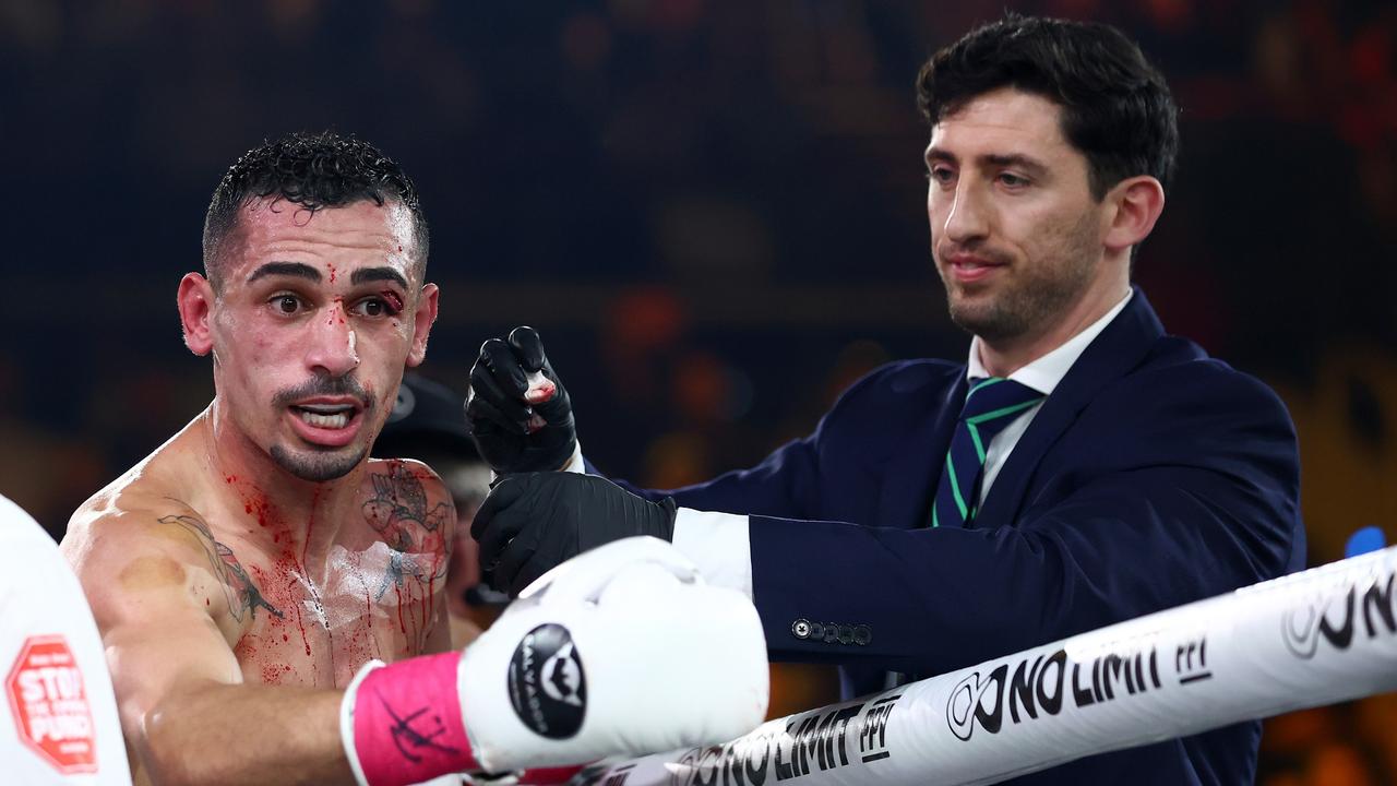 Hassan Hamdan receives medical attention in his fight with Justin Frost. (Photo by Chris Hyde/Getty Images) (Photo by Chris Hyde/Getty Images)