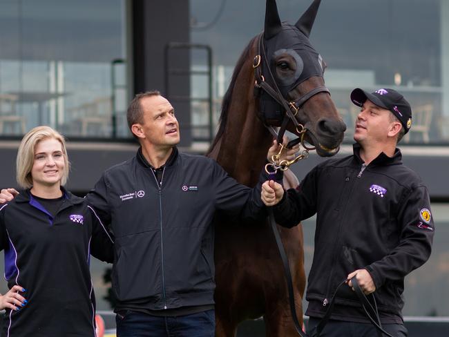 Winx strappers Candice Persijn (left) and Umut Odemislioglu (right) with Chris Waller and Winx.