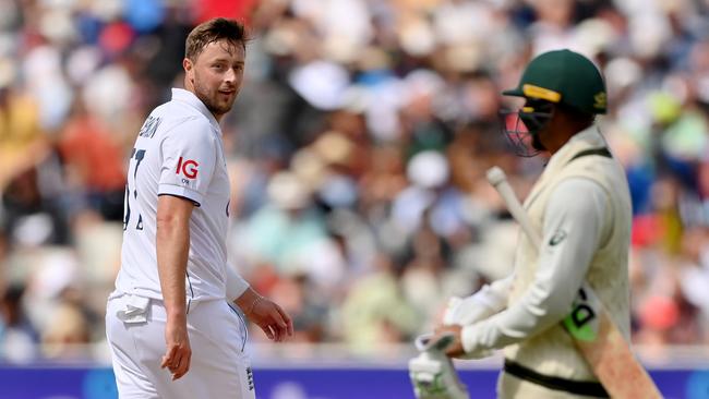 Ollie Robinson has words with Usman Khawaja. Picture: Stu Forster/Getty Images