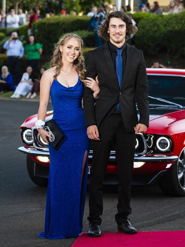 Adina Mason and Noah Mould arrive at Harristown State High School formal at Highfields Cultural Centre, Friday, November 18, 2022. Picture: Kevin Farmer