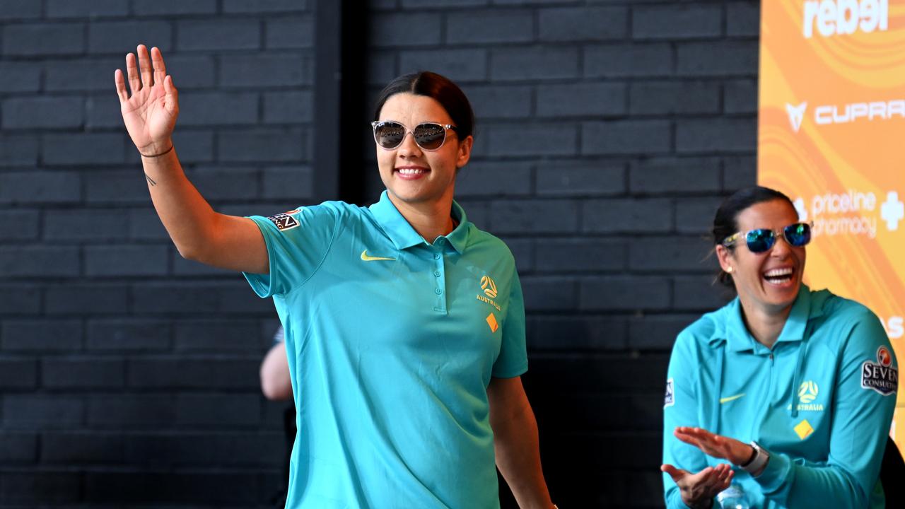 Matildas captain Sam Kerr waves to fans as they gather to show their support at a community reception event in Brisbane. Picture: Dan Peled / NCA NewsWire