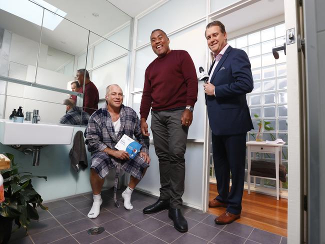 Pictured in Sydney are ex-NRL players Geoff Toovey and Petero Civoniceva with NRL commentator Andrew Voss, on the set of their fun but informative bowel cancer awareness video. Picture: Richard Dobson