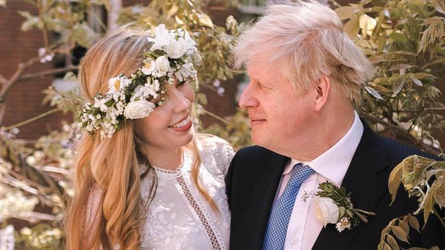 Boris Johnson poses with his wife Carrie Johnson in the garden of 10 Downing Street following their wedding at Westminster Cathedral, May 29, 2021. Picture: Rebecca Fulton / Downing Street via Getty Images