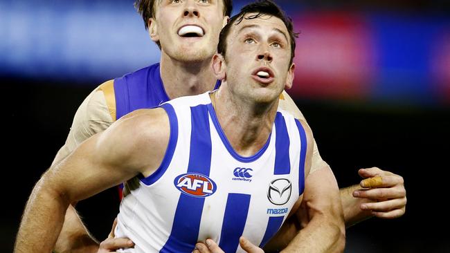 Todd Goldstein battles Jordan Roughead in the ruck. Picture: Michael Klein