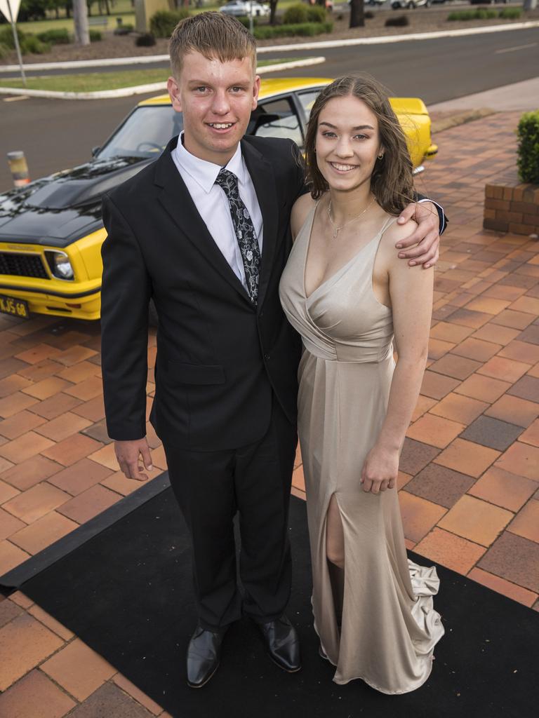 Colby Samuelsen with partner Jessica Pinkney arrive at Wilsonton State High School formal at USQ, Wednesday, November 18, 2020. Picture: Kevin Farmer