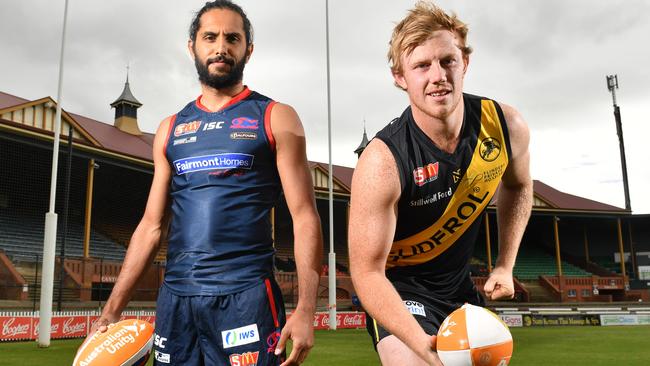 Norwood’s Anthony Wilson and Glenelg’s Josh Scott are two players expected to excel in the SANFL’s new ‘Fast Forward’ pre-season competition to be held at Norwood Oval in February. Picture: Keryn Stevens (AAP).