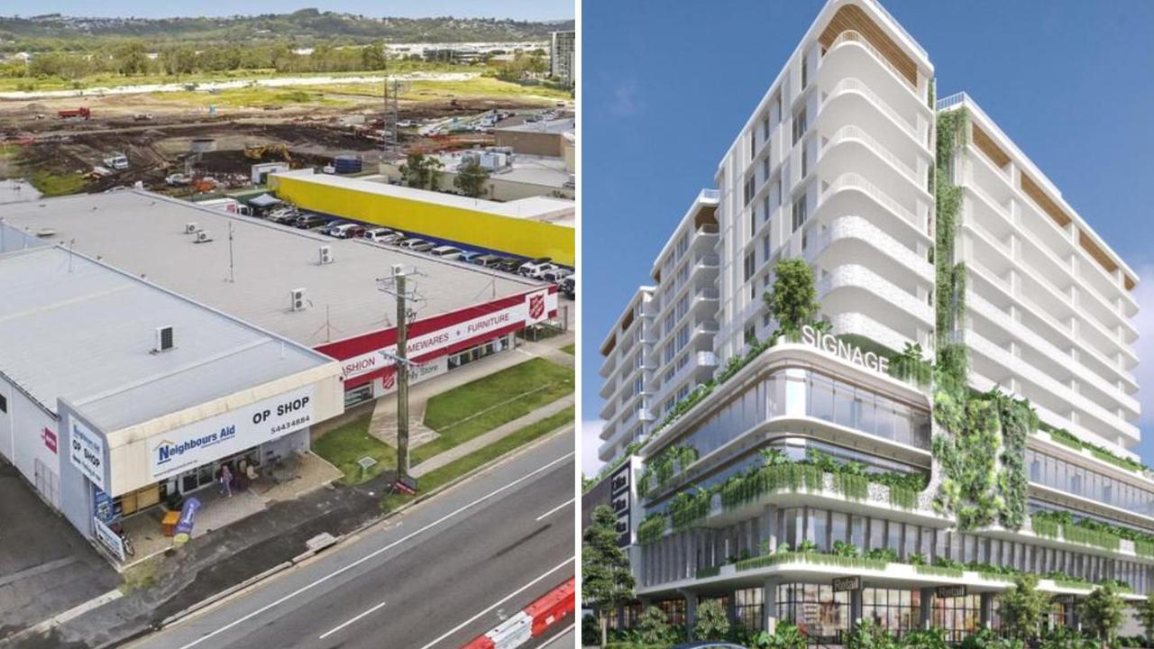 Developers have revealed plans for a corner site at Aerodrome Rd, Maroochydore, where they would demolish two op shops to make way for a 13-storey mixed use development.