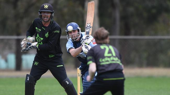 St Francis de Sales’ Stephen Hearn about to be caught and bowled by Westmeadowns’ Aaron Evans. Picture: Julian Smith