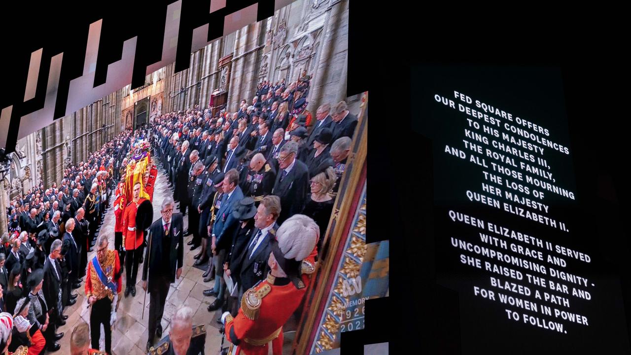 Melbourne, Australia: Condolence note on the large screen at Federation Square as the funeral is being telecast at Federation Square. Picture: Getty Images