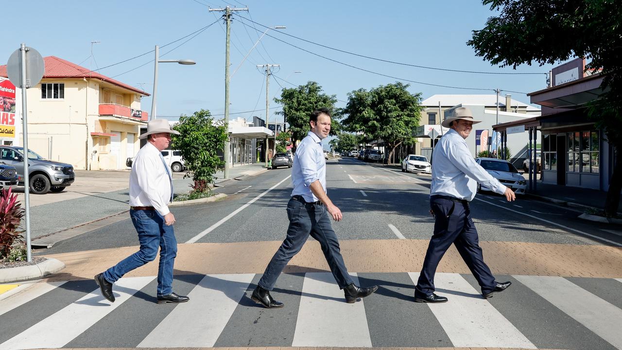 Deputy Prime Minister Barnaby Joyce - with Senator Matt Canavan and LNP Dawson candidate Andrew Willcox - says teal independents don’t have the ability to develop strong economic policy. Pictures: Brad Hunter