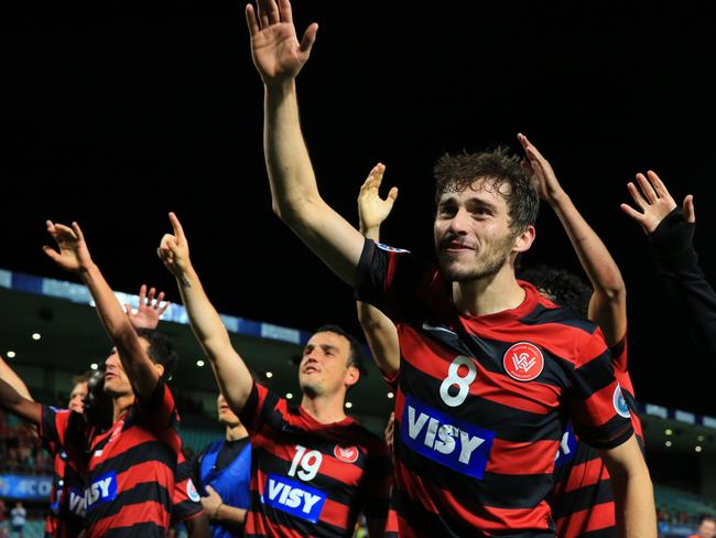 The Wanderers celebrate their win at Pirtek Stadium, Parramatta. (Mark Evans)