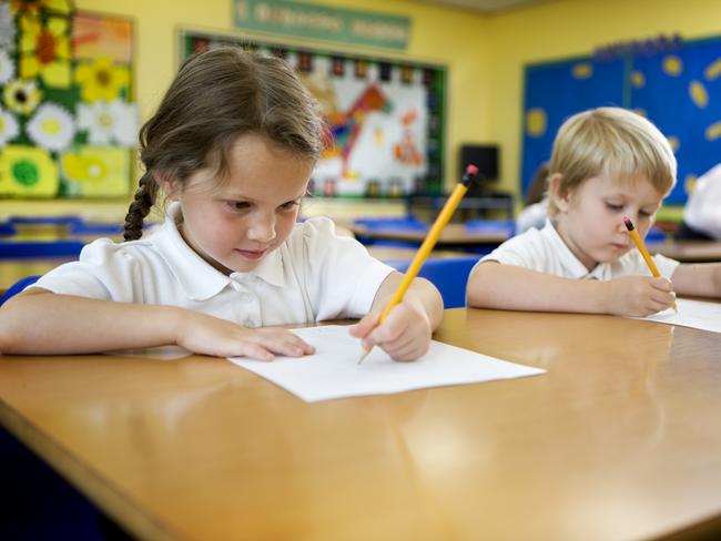 A pair of cute 5 year-old primary school children working hard on their studies in the classroom.