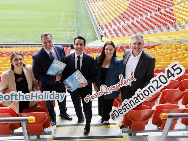 Natassia Wheeler, CEO at QTEC, Minister Andrew Powell, Premier David Crisafulli, Amy Gash from Lady Elliot Island and Craig Davidson CEO Tourism and Events Qld pictured addressing the media at Suncorp Stadium, 2nd June 2025.  Photo: Josh Woning