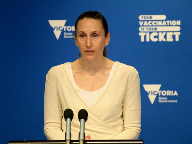 Victorian Deputy Secretary of Covid Response Naomi Bromley gives the daily case number breakdown. Picture: Andrew Henshaw