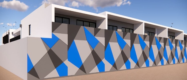 The side wall would be decorated with blue and grey triangles to match the Aldi building’s wall.