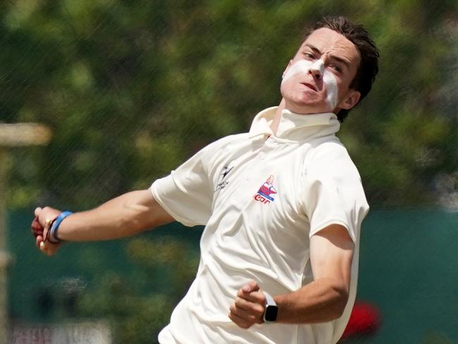 Jordan Buckingham of Footscray bowling during the Premier Cricket: Essendon v Footscray match played at Windy Hill on Saturday 7th Dec, 2019.