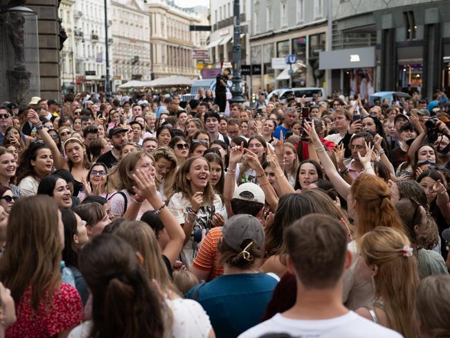 Taylor Swift fans sing together on Stephansplatz in Vienna, Austria, after the concerts were cancelled. Picture: Getty Images