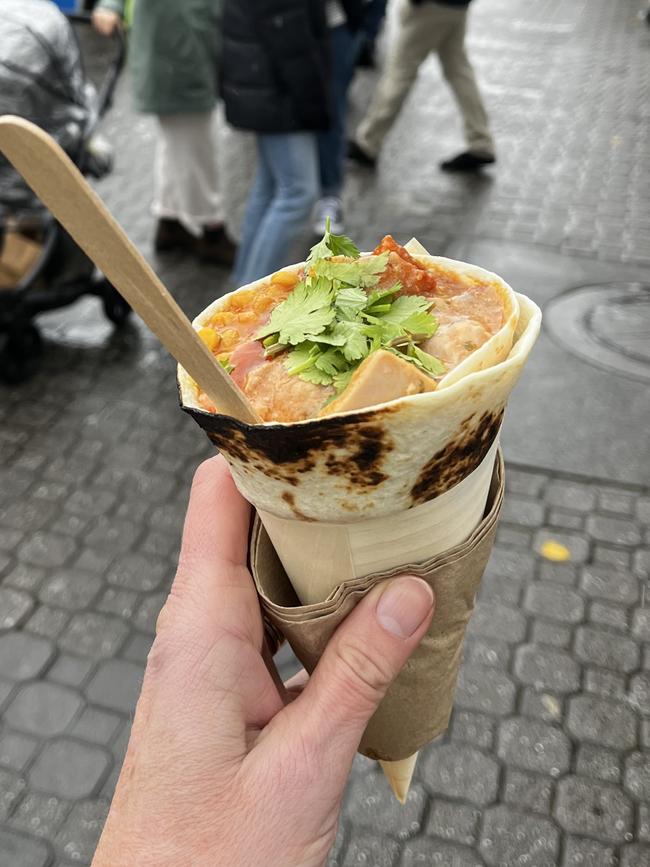 A curry in a cup from Pocket Curries, features a delicious curry (or a combo of all three of Pocket Curries’ tasty offerings), in a neat “cup” made of thin naan and is another of the highly recommended dishes to tuck into at Salamanca Market. Picture: Alix Davies