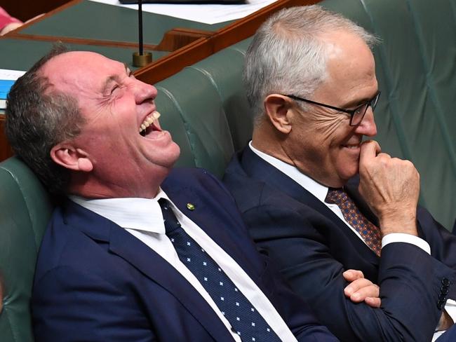 Happier times: Barnaby Joyce and Malcolm Turnbull in Parliament, May 9, 2017. Picture: AAP Image/Dean Lewins