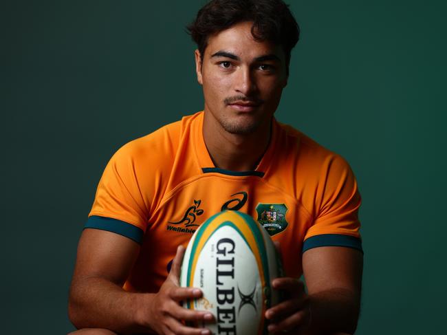 SUNSHINE COAST, AUSTRALIA - JUNE 24:  Jordan Petaia poses during the Australian Wallabies 2022 team headshots session on June 24, 2022 in Sunshine Coast, Australia. (Photo by Chris Hyde/Getty Images for Rugby Australia)