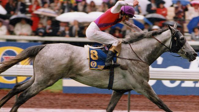 Subzero, ridden by jockey Greg Hall, ploughs through the heavy conditions on his way to a decisive win in the 1992 Melbourne Cup.