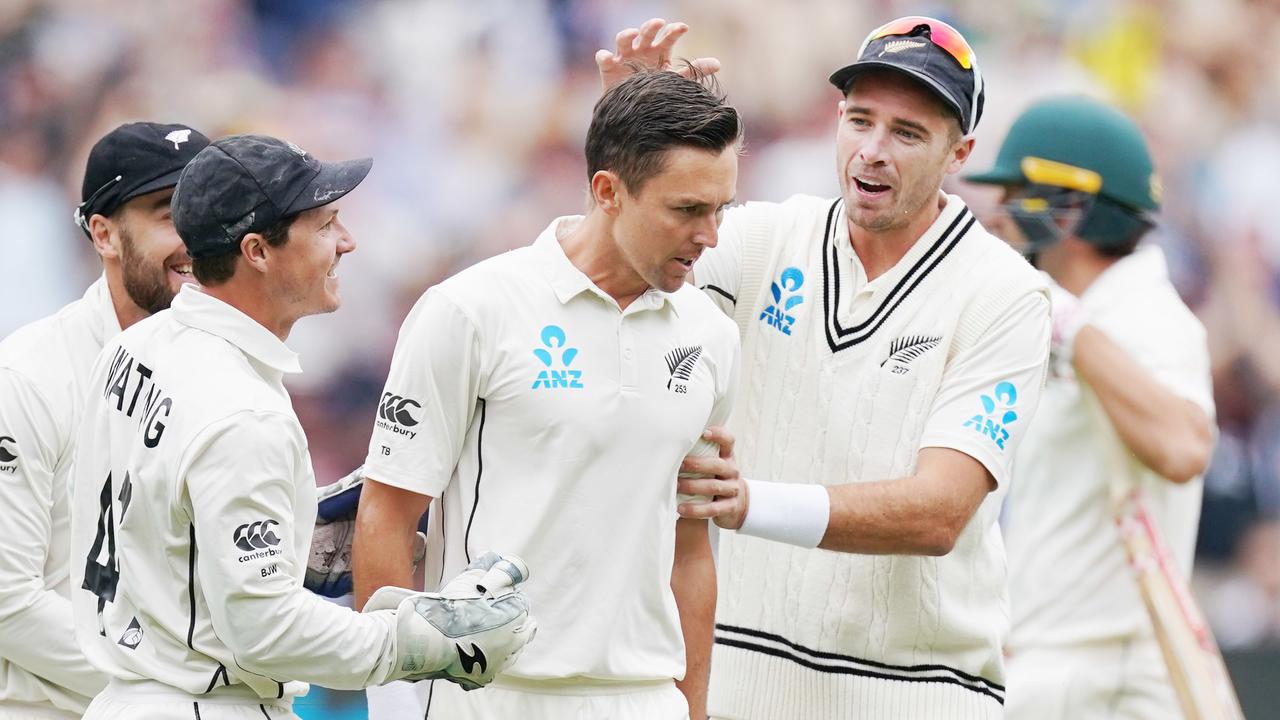 Trent Boult of New Zealand celebrates a wicket on day 1 of the Boxing Day Test match between Australia and New Zealand at the MCG in Melbourne, Thursday, December 26, 2019. (AAP Image/Michael Dodge) NO ARCHIVING, EDITORIAL USE ONLY, IMAGES TO BE USED FOR NEWS REPORTING PURPOSES ONLY, NO COMMERCIAL USE WHATSOEVER, NO USE IN BOOKS WITHOUT PRIOR WRITTEN CONSENT FROM AAP