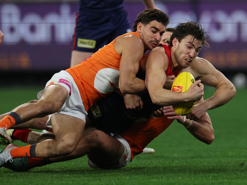 Toby Bedford tackles Jack Viney. Picture: Daniel Pockett/Getty Images