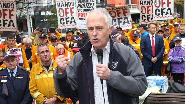 Malcolm Turnbull backed CFA volunteers at the rally. Picture: David Crosling