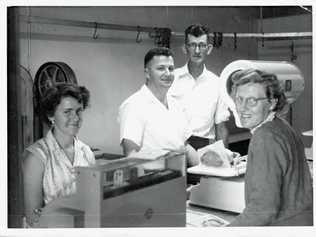Gympie tutcher Pat Nolan (second left) in the Mary St shop in 1961, with L. Lewis, Viv Dodt and customer, Mrs Neal. Attribution: Nolan Family