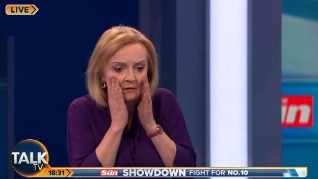 PM candidate Liz Truss in shock as debate moderator Kate McCann feints off camera. Picture: Supplied